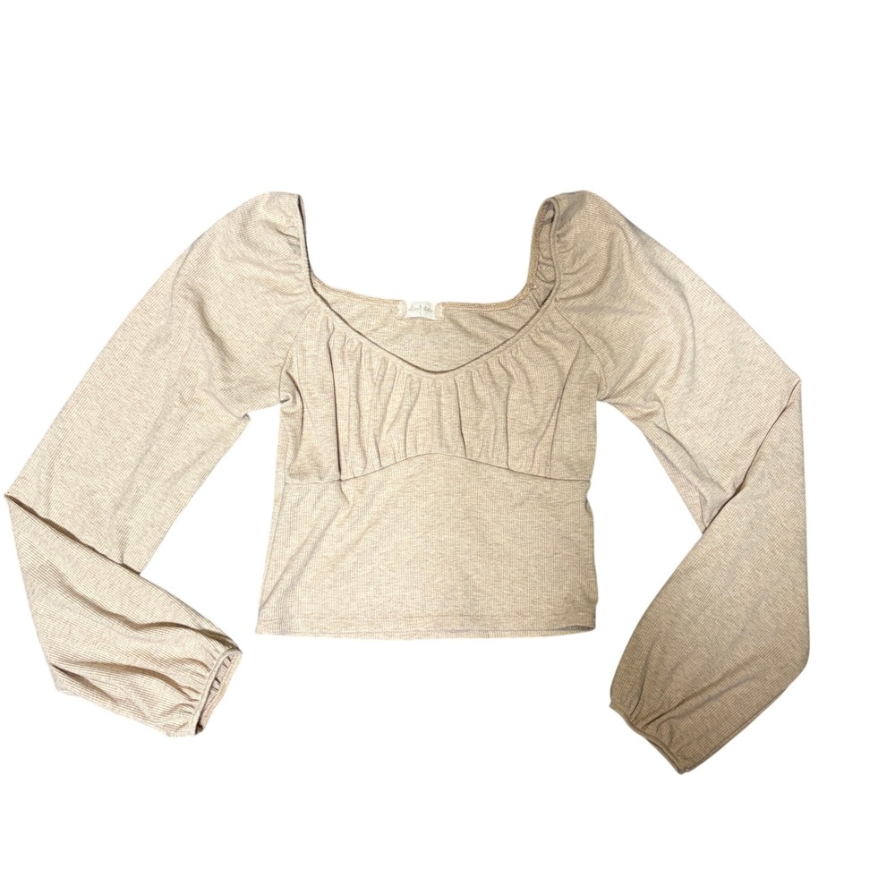 Altar'd State Oatmeal Beige Ribbed Sweetheart Puff Sleeve Top Large RE10472